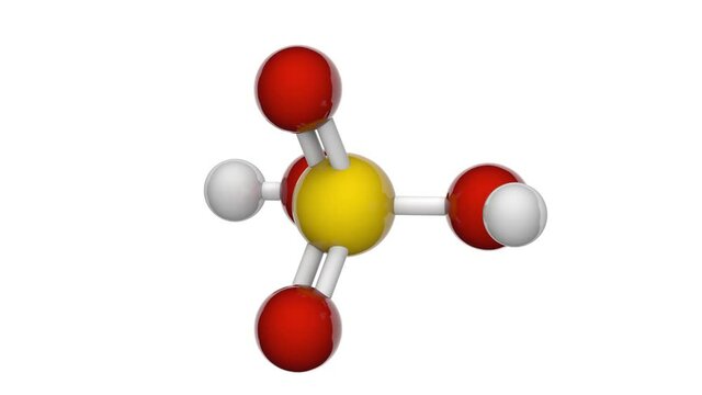 Sulfuric acid (Sulphuric acid or Battery acid) is a colorless oily liquid. Molecular formula: H2SO4. 3D render. Seamless loop. Chemical structure model: Ball and Stick. White background