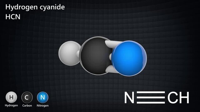 Hydrogen cyanide (Formic anammonide, Hydrocyanic acid, Prussic acid, Methanenitrile) poison molecule. Formula: HCN. 3D render. Seamless loop. Chemical structure model: Ball and Stick.