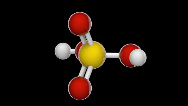 Sulfuric acid (Sulphuric acid or Battery acid) is a colorless oily liquid. Molecular formula: H2SO4. 3D render. Seamless loop. RGB + Alpha (Transparent) channel