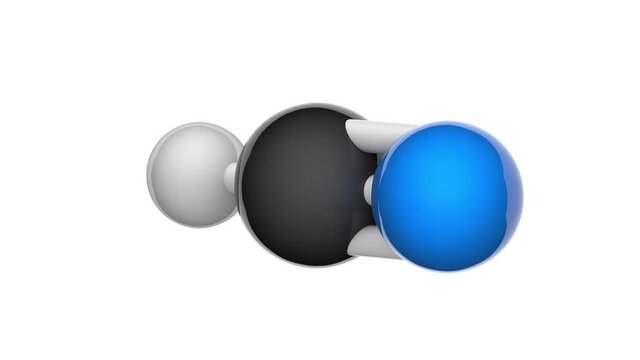 Hydrogen cyanide (Formic anammonide, Hydrocyanic acid, Prussic acid, Methanenitrile) poison molecule. Formula: HCN. 3D render. Seamless loop. Chemical structure model: Ball and Stick. White background