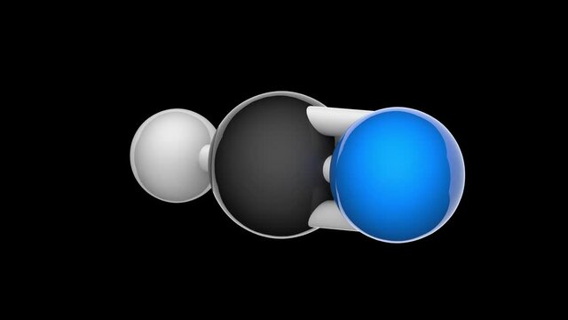 Hydrogen cyanide (Formic anammonide, Hydrocyanic acid, Prussic acid, Methanenitrile) poison molecule. Formula: HCN. 3D render. Seamless loop. RGB + Alpha (Transparent) channel