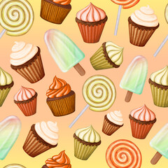 Orange and yellow pattern with desserts on gradient background