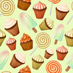 Orange and yellow pattern with desserts on green background