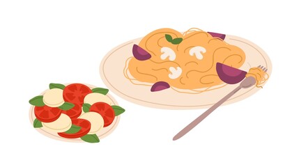 Pasta with vegetables and mushrooms, Caprese salad with tomatoes, mozzarella, and basil. Served vegetarian dishes of Italian cuisine. Colored flat vector illustration isolated on white background