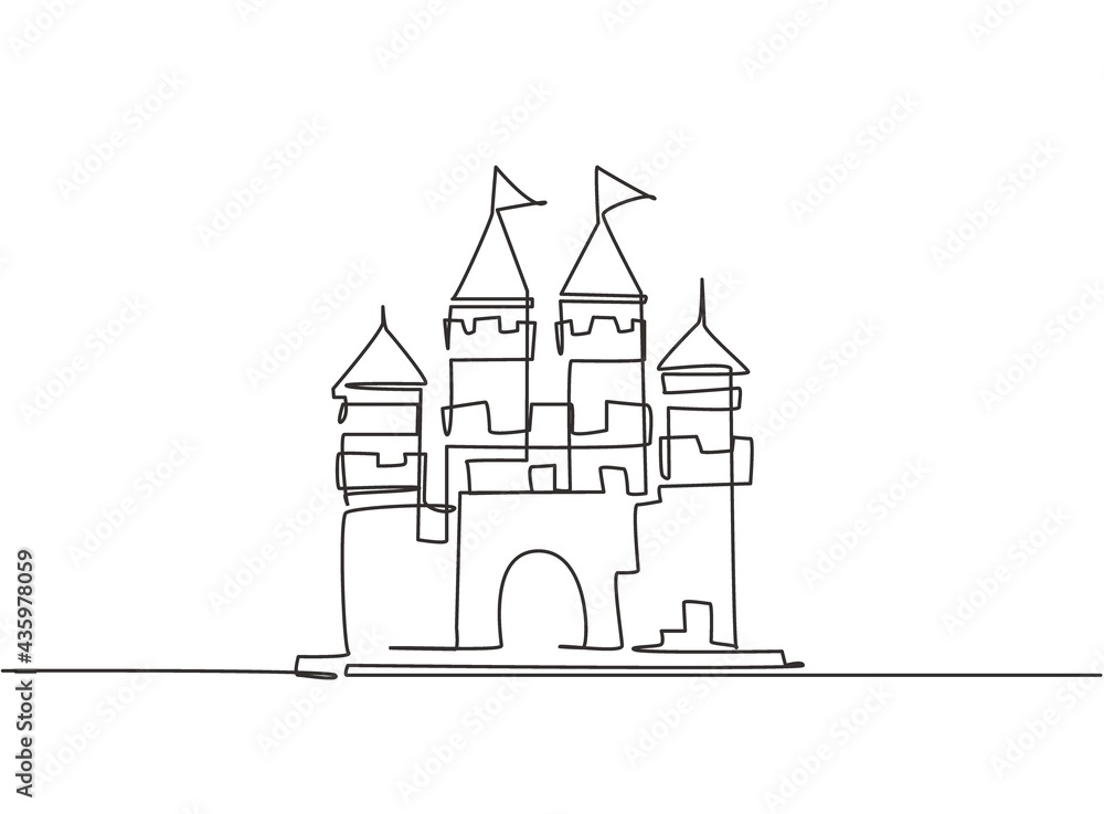 Poster single one line drawing of castle in an amusement park with four towers and two flags on it. a fort 