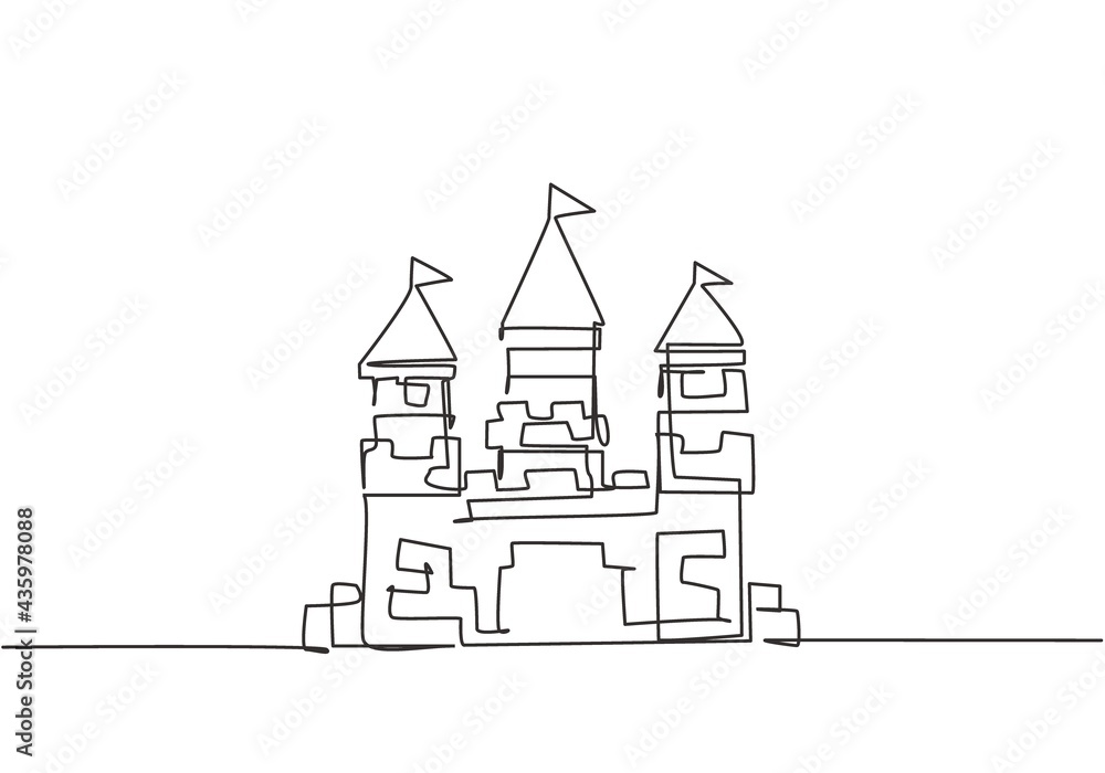 Poster single continuous line drawing a castle in an amusement park with three towers and a flag on each ro