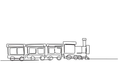 Single one line drawing of a train locomotive with three carriages in the form of a roving steam system in an amusement park to transport passengers. One line draw design graphic vector illustration. © Simple Line