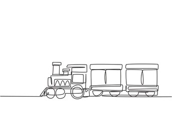 Single one line drawing of a train locomotive with two carriages in the form of a roving steam system in amusement park to transport passengers. Continuous line draw design graphic vector illustration © Simple Line