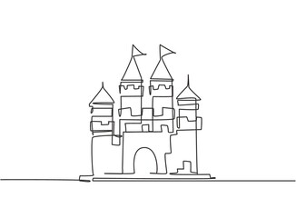 Fototapeta Single one line drawing of castle in an amusement park with four towers and two flags on it. A fort that contains an atmosphere in a fairy tale. Continuous line draw design graphic vector illustration obraz