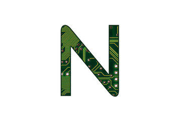 Computer board electronic letter, motherboard connection alphabet, technology network uppercase, capital, isolated design element