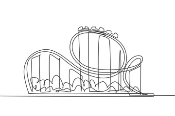 Single one line drawing of a roller coaster in an amusement park with a track high in the sky.  Extreme rides that are very popular with young people. One line draw design graphic, vector illustration