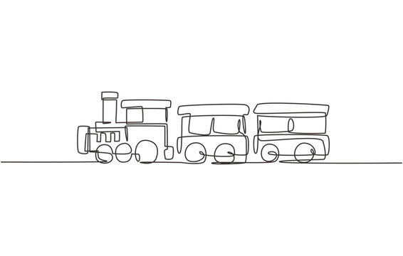 Single continuous line drawing of a locomotive train with two carriages in the form of a roving steam system in amusement park to transport passengers. One line draw graphic design vector illustration