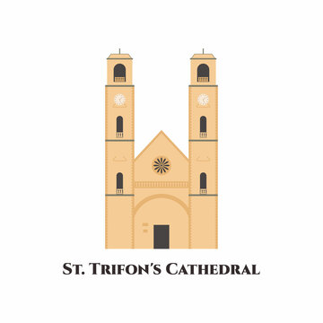Saint Trifon's Cathedral, Old Town of Kotor. It is under protection of UNESCO and enters the list of the world cultural heritage. Beautiful cathedral, tourist attraction. Flat vector illustration