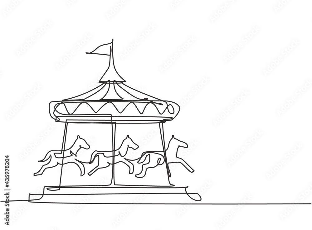 Poster single continuous line drawing of a horse carousel in an amusement park with horses spinning under t