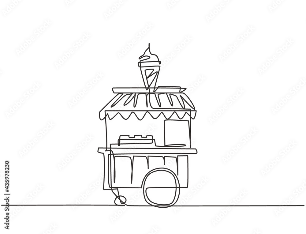 Poster single one line drawing of ice cream booth at amusement park using a two-wheeled cart with an ice cr