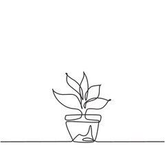 Continuous one line drawing potted plants with five growing leaves are used for ornamental plants. Ornamental plants to beautify the living room. Single line draw design vector graphic illustration.