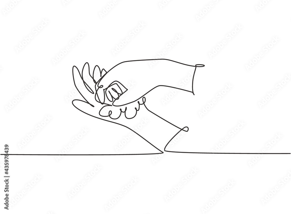 Poster continuous one line drawing twelve steps hand washing by rubbing the palms of the hands with soap un