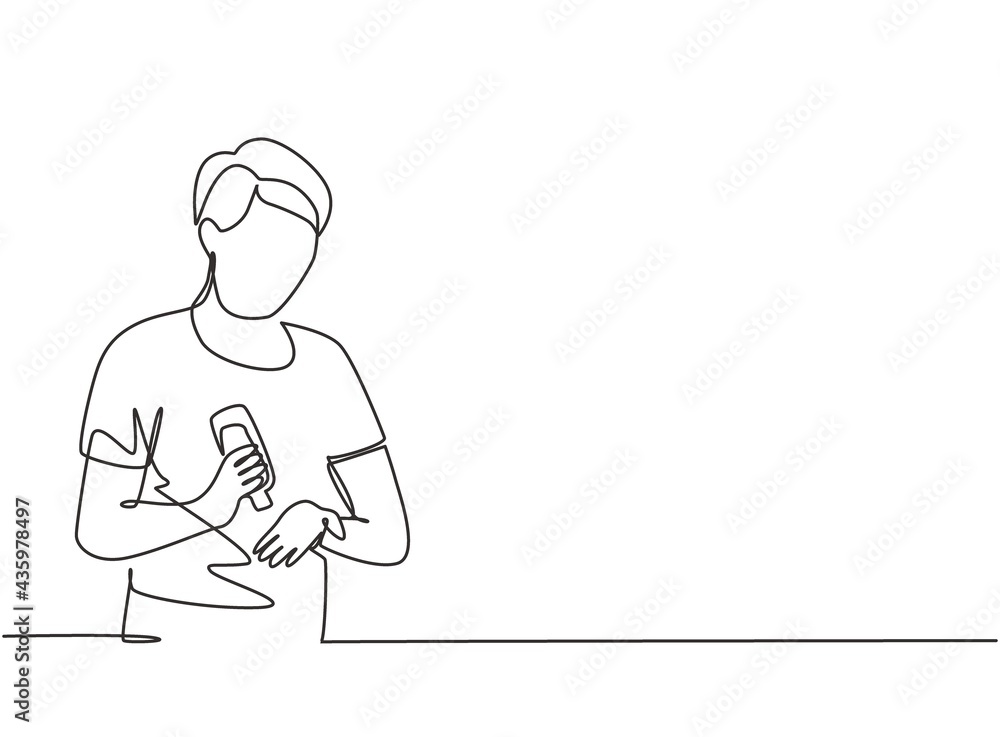 Poster single continuous line drawing man pours hand sanitizer into the palms of his hands to avoid germs a