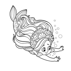 Cute little mermaid girl in coral tiara dives outlined for coloring page isolated on white background