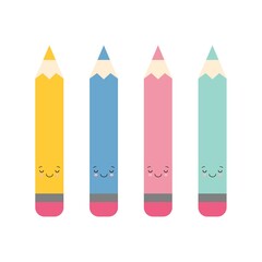 Cartoon illustration of a set color cute pencils isolated on white background