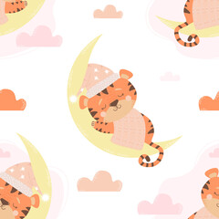 Obraz na płótnie Canvas Seamless background. A cute sleeping animal tiger in a cap and under a blanket sleeps on the moon on a white background with clouds. Vector illustration. Kids collection For textiles, decor, nursery