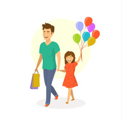 happy cheerful laughing father and daughter walking together with balloons