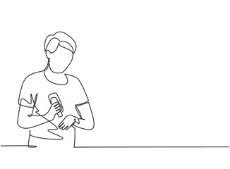 Single continuous line drawing man pours hand sanitizer into the palms of his hands to avoid germs and be more hygienic. Protection against covid-19. One line draw graphic design vector illustration.