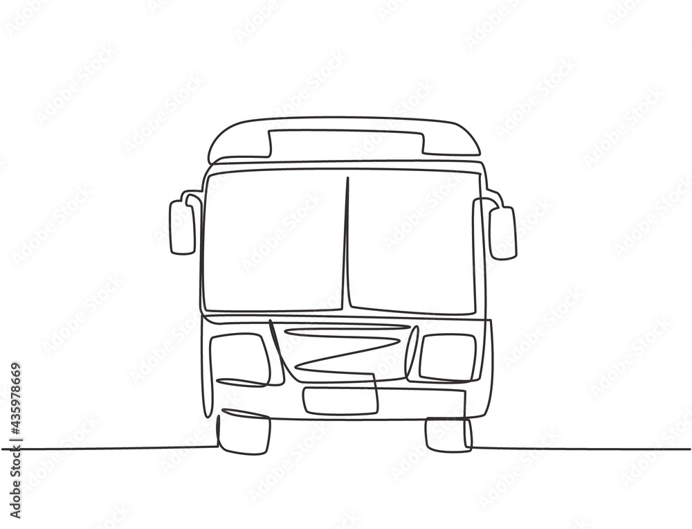 Poster continuous one line drawing front view of bus that is stopped at the bus stop waiting for passengers