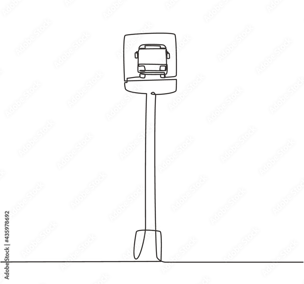 Poster single one line drawing of a bus stop with a simple bus sign located on the side of an urban road wh