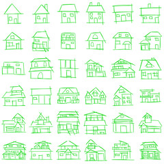 House icon set of rough line art, simple, green