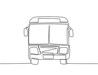 Continuous one line drawing front view of bus that is stopped at the bus stop waiting for passengers to get on and off, then continue their journey. Single line draw design vector graphic illustration © Simple Line