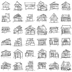 House icon set of rough line art, point, black