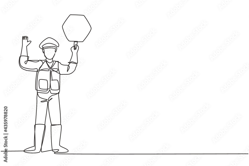 Aufkleber single continuous line drawing policeman in full uniform and lifting traffic signs are controlling t