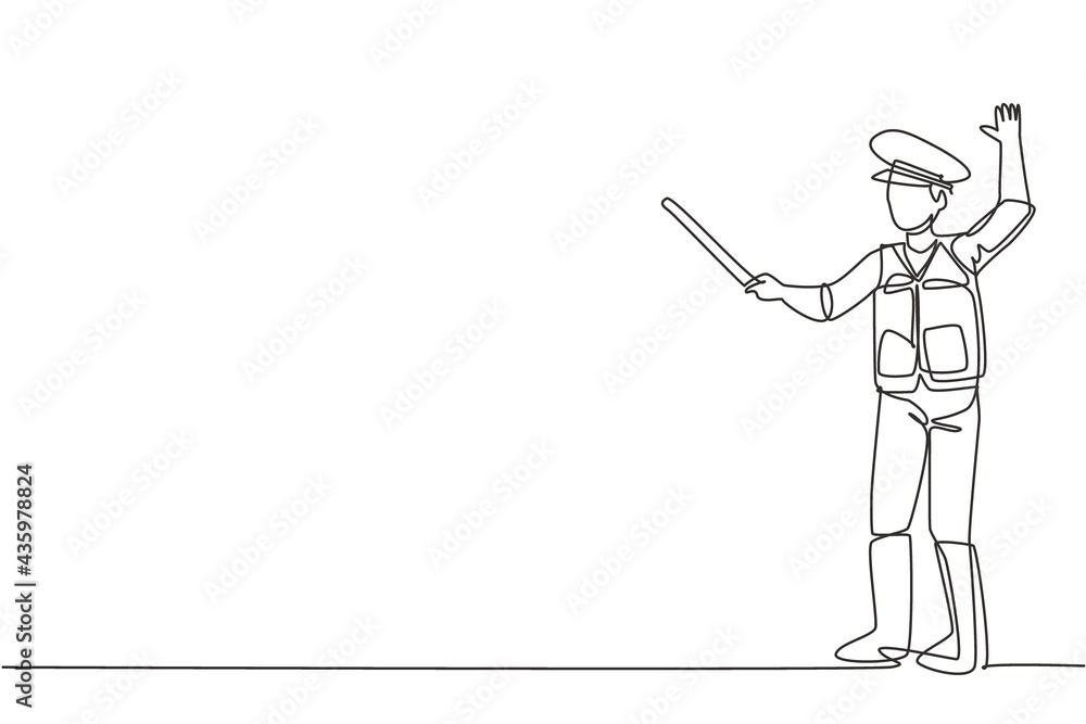 Poster single one line drawing of a policeman in full uniform and using a short stick is controlling the ve
