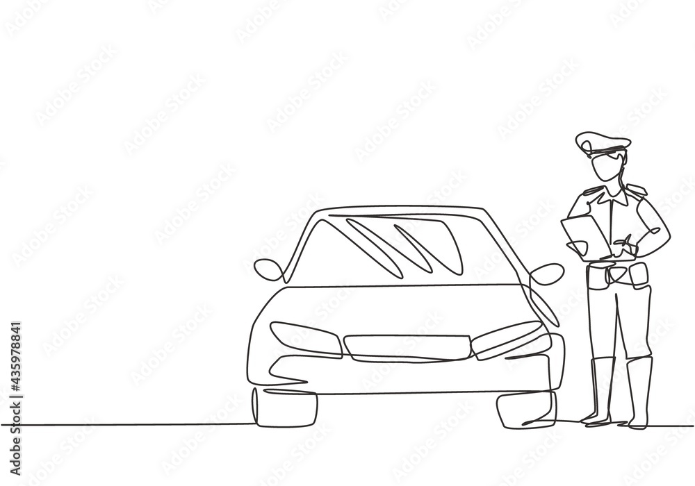Poster single continuous line drawing policeman with uniform is ticketing a driver who uses a car for viola