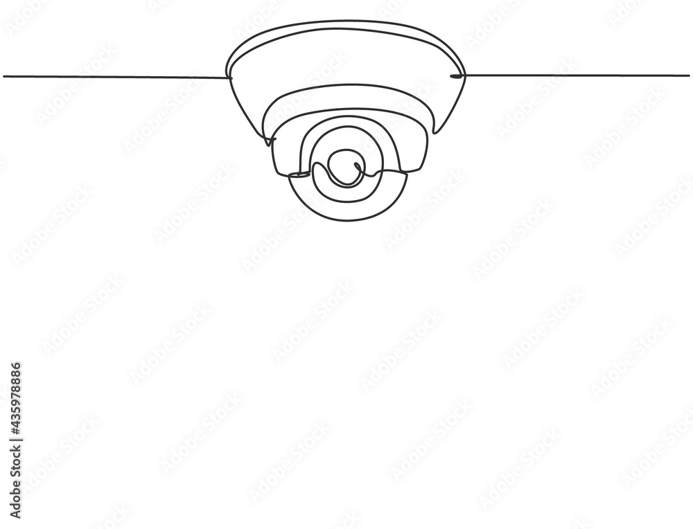 Poster single one line drawing of cctv located on the ceiling of the office to monitor and maintain securit