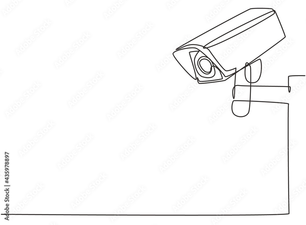 Poster single continuous line drawing of cctv with a box shape installed on the side of the highway to moni