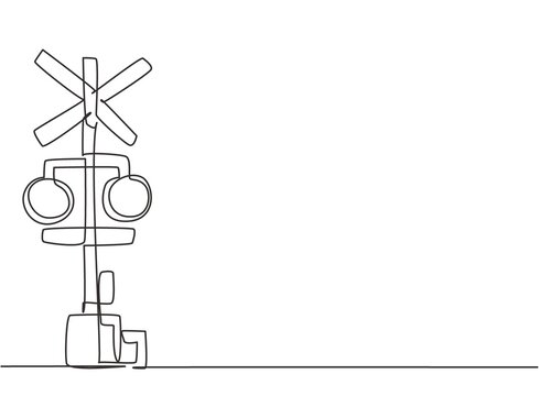 Single one line drawing of railway barrier with signs and warning lights in an open position that allows vehicles to cross railway lines. Modern continuous line draw design graphic vector illustration