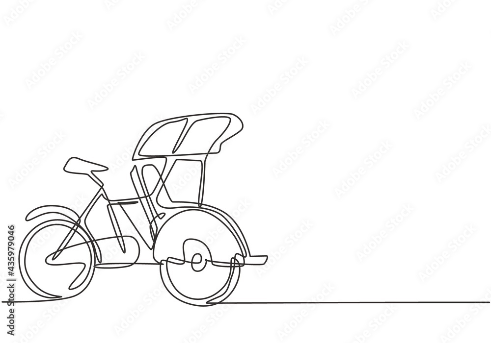 Aufkleber continuous one line drawing pedicab is viewed from the side with three wheels and the front passenge