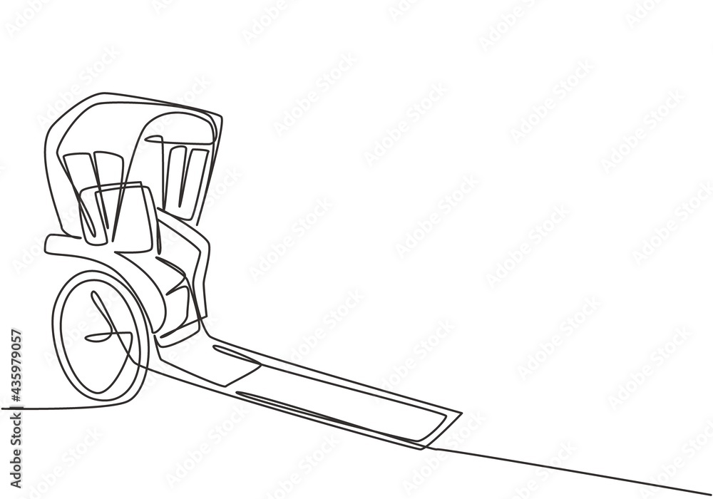 Poster continuous one line drawing pulled rickshaw vehicles that are a part of history in china and japan w