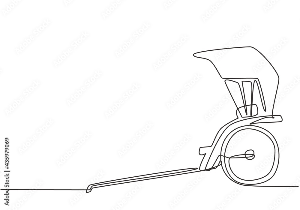 Aufkleber single continuous line drawing pulled rickshaw from the side, an ancient vehicle in china and japan 