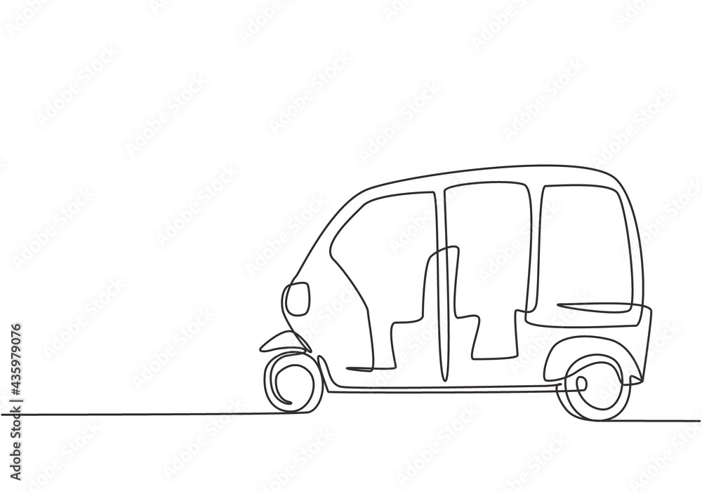 Poster continuous one line drawing from the side, rickshaw is a traditional transportation in india which i