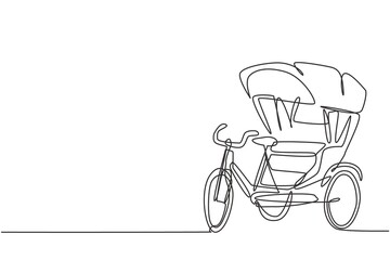 Single one line drawing of cycle rickshaw with three wheels and a rear passenger seat is an ancient vehicle in several Asian countries. Modern continuous line draw design graphic vector illustration. - obrazy, fototapety, plakaty