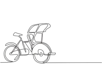 Fototapeta premium Continuous one line drawing pedicab is viewed from the side with three wheels and the front passenger seat and the driver's controls at the rear. Single line draw design vector graphic illustration.