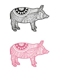 Pig on white. Hand drawn animal with intricate patterns on isolated background. Black and white and colored character