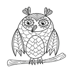Owl for coloring book. Hand drawn Vector illustration cute monochrome decorative bird.