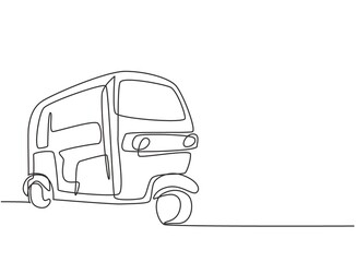 Single continuous line drawing rickshaw traditional transportation in India which serves local passengers and foreign tourists who are on vacation. One line draw graphic design vector illustration.