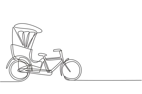 Single continuous line drawing the cycle rickshaw seen from the side pulls the passenger sitting behind it with a bicycle pedal. Tourist vehicle. One line draw graphic design vector illustration.