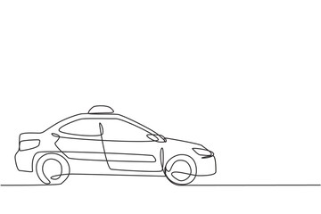 Single one line drawing of the newest modern taxi car uses a meter, GPS, and can be ordered online. Technological advances in transportation. Continuous line draw design graphic vector illustration.
