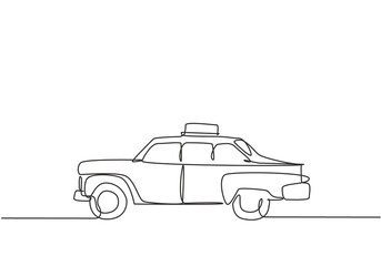 Continuous one line drawing old taxi cars that are still operating serve passengers to get around to historical places. Vintage holiday facilities. Single line draw design vector graphic illustration. - obrazy, fototapety, plakaty